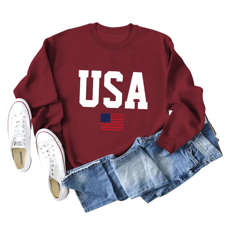 Women's USA Printed Bottoming Long-sleeved Round Neck Sweater