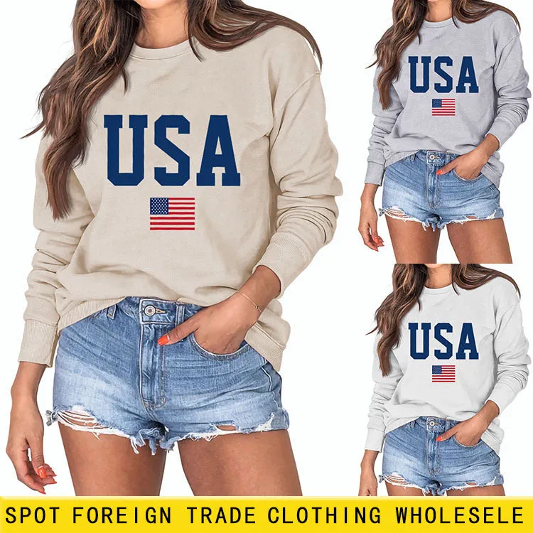 Women's USA Printed Bottoming Long-sleeved Round Neck Sweater