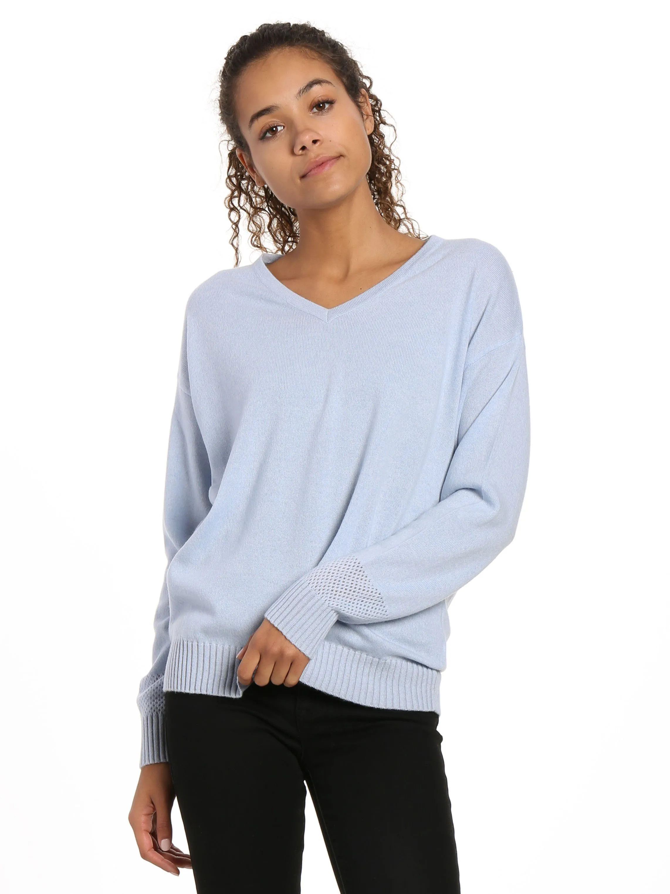 Zainuno Moizni Women's 100% Cashmere V-Neck Sweater with Mesh Sleeve