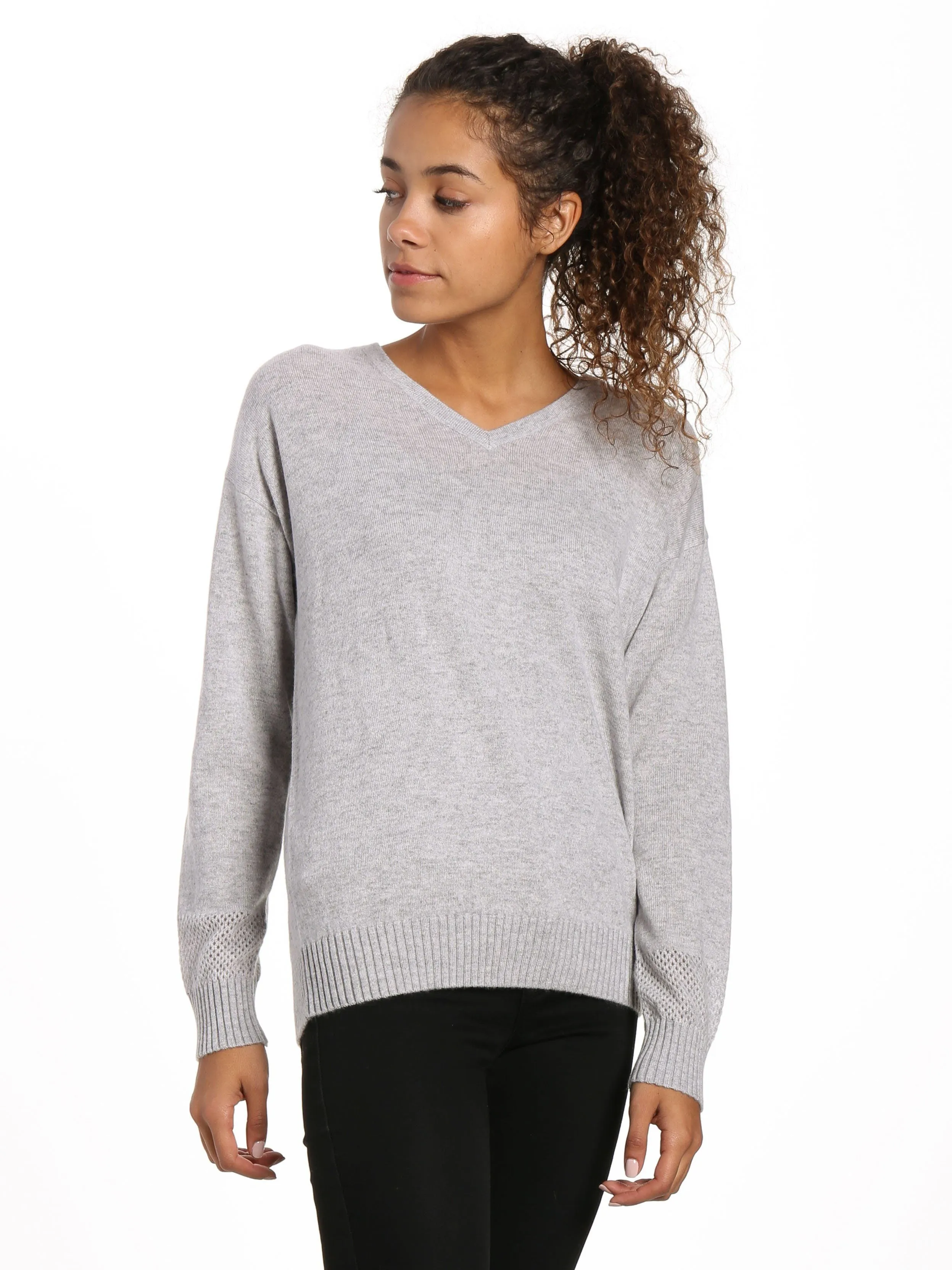 Zainuno Moizni Women's 100% Cashmere V-Neck Sweater with Mesh Sleeve